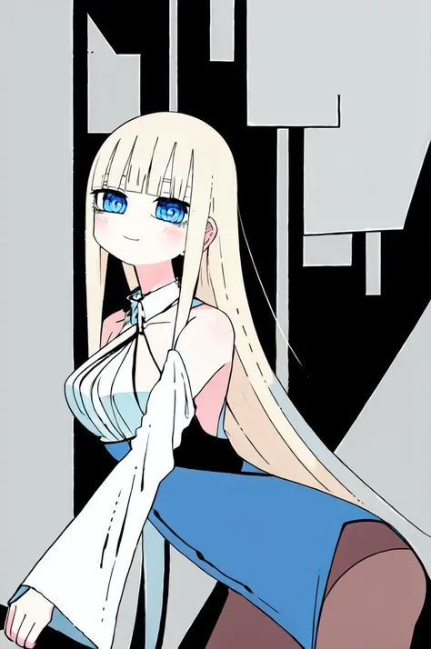 white and blue theme, <lora:abtmv2:1> abtm, ultra detailed, masterpiece, best quality, solo, soft smile, light smile,
1girl, blue eyes, very long hair, blonde hair, long blonde hair, french braid, bangs, medium breasts,
hair ribbon, frilled choker, criss-cross halter, sleeveless dress, high-waist skirt, backless dress, waist bow, detached sleeves, frilled sleeves, wide sleeves, pantyhose, patterned legwear, mary janes,