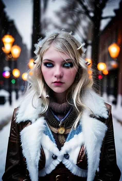 taylor, steampunk, Artistic Portrait 18yo beautiful woman, perfect nose, perfect face, perfect, gorgerous, slim girl , Caucasian, white skin, white eyes, snowstorm, snow, wind, blizzard, light theme, steampunk outfit, black eyeliner, cinematic light, Night Photography, Light Beans, dramatic light, intricate details, berfect breasts <lora:steampunkengis_ss13_mech:0.5> <lora:atrizes_v05:1>