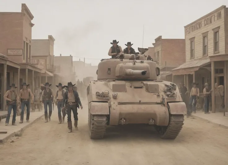 group of cowboys attacking with a tank in the middle of a western town,
frflytnk,
<lora:Sherman_Firefly_Tank_SDXL:0.7>