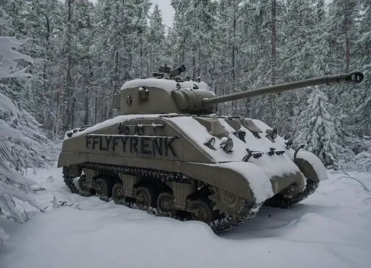cinematic action shot of a snow covered tank hiding in a forest among the trees,
<lora:Sherman_Firefly_Tank_SDXL:0.8> frflytnk
