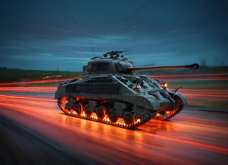 cinematic action shot of a tank on the road during a high speed chase at night with the lights on, motion blur, speed,
<lora:Sherman_Firefly_Tank_SDXL:0.8> frflytnk <lora:Dont_Stop_Me_Now:0.8>
