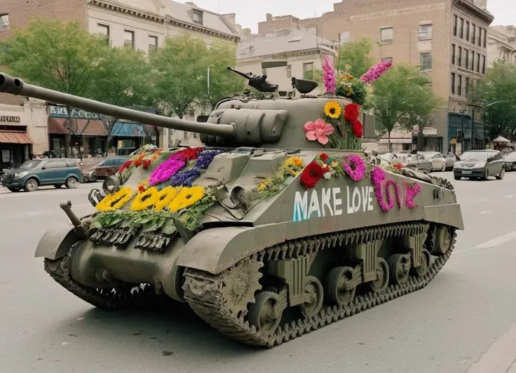 cinematic photo of a colorful and painted tank parked in the middle of the city with the text "Make-love-not-war" painted on it. peaceful, decorated with flowers,
 <lora:Sherman_Firefly_Tank_SDXL:0.8> frflytnk