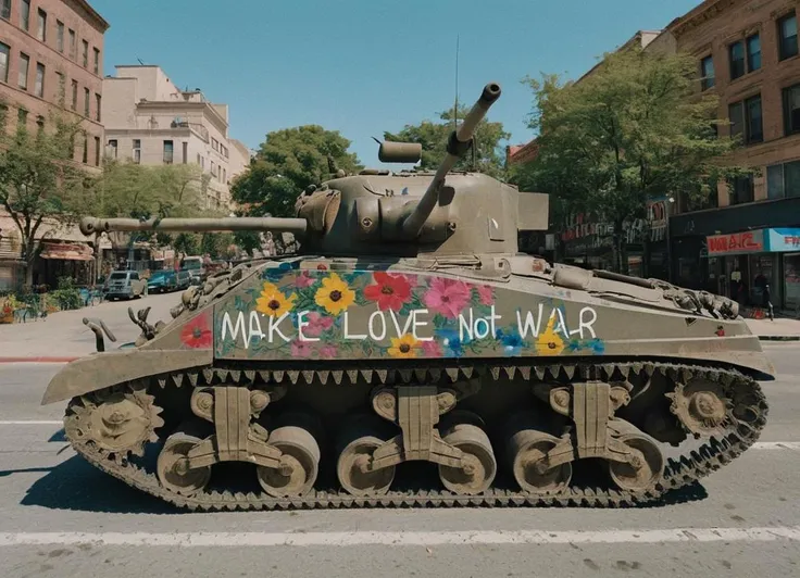 cinematic photo of a colorful and painted tank parked in the middle of the city with the text "Make-love-not-war" painted on it. peaceful, decorated with flowers,
<lora:Sherman_Firefly_Tank_SDXL:0.8> frflytnk