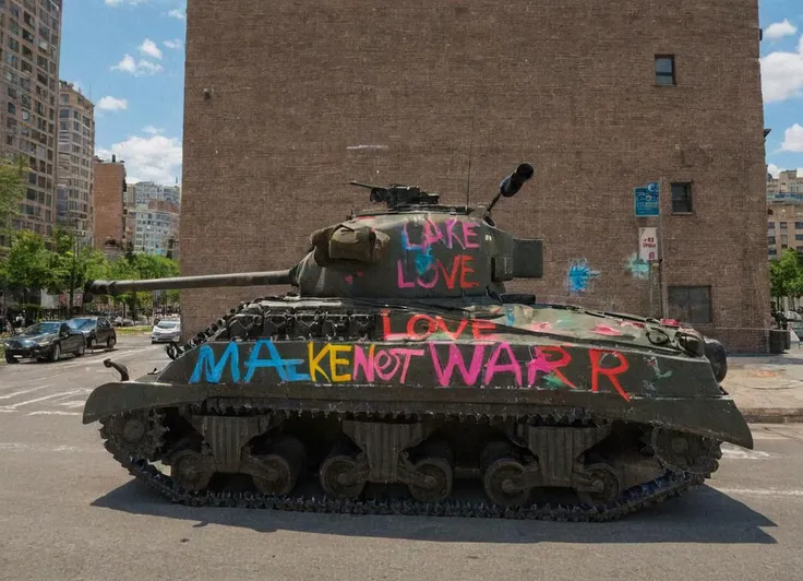 cinematic photo of a colorful and painted tank in the middle of the city with the text "Make love not war" painted on it.
<lora:Sherman_Firefly_Tank_SDXL:0.8> frflytnk