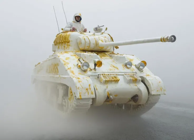 cinematic painting of a white and shiny tank emerging from the fog, like a hero on a white horse. Siny with a golden aura. highly detailed, dreamy,
<lora:Sherman_Firefly_Tank_SDXL:0.8> frflytnk