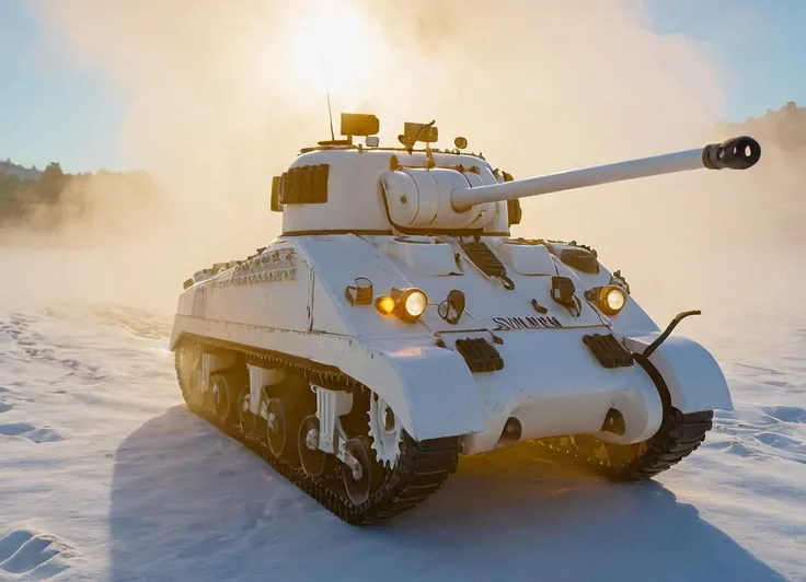 cinematic painting of a white and shiny tank emerging from the fog, like a hero on a white horse. Siny with a golden aura. highly detailed, dreamy,
<lora:Sherman_Firefly_Tank_SDXL:0.8> frflytnk
