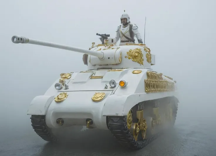 cinematic painting of a white and shiny tank emerging from the fog, like a hero on a white horse. Siny with a golden aura. highly detailed, dreamy,
 <lora:Sherman_Firefly_Tank_SDXL:0.8> frflytnk