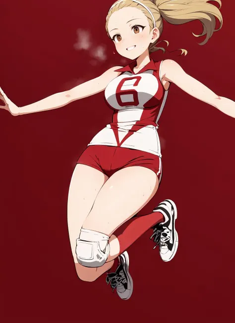 akebivol, 1girl, solo, hairband, ponytail,  volleyball uniform, sleeveless shirt, shorts, knee pads, red socks, sneakers, white footwear, jumping, short shorts, floating hair, parted lips, simple background, red background, abstract bacground, hair tie, smile, sweat,  <lora:akebivol_V2-10:0.7>