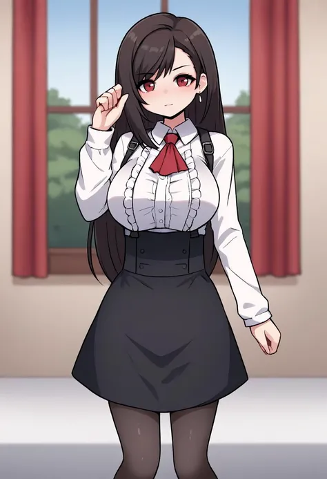 score_9, score_8_up, source_anime BREAK
tifa_lockhart, final_fantasy, 1girl, black_hair, red_eyes
, skirt, shirt, long sleeves, white shirt, pantyhose, frills, collared shirt, black skirt, black_pantyhose, ascot, high-waist_skirt, meme_attire, red ascot, centerfrills, solo, upper body
detailed_background,outdoors,highres,indoors,split screen,window,curtains,standing, fully clothed,
<lora:ShrinkingConcept2-000016:1>