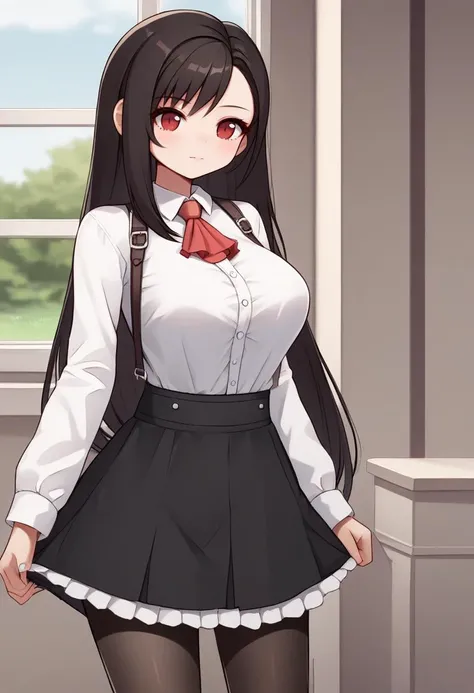 score_9, score_8_up, source_anime BREAK
tifa_lockhart, final_fantasy, 1girl, black_hair, red_eyes
, skirt, shirt, long sleeves, white shirt, pantyhose, frills, collared shirt, black skirt, black_pantyhose, ascot, high-waist_skirt, meme_attire, red ascot, centerfrills, solo, upper body
detailed_background,outdoors,highres,indoors,split screen,window,curtains,standing, fully clothed,
<lora:ShrinkingConcept2-000008:1>