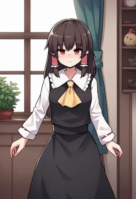 score_9, score_8_up, source_anime BREAK
hakurei_reimu, touhou, 1girl, brown_hair, red_eyes
, skirt, shirt, long sleeves, white shirt, pantyhose, frills, collared shirt, black skirt, black_pantyhose, ascot, high-waist_skirt, meme_attire, red ascot, centerfrills, solo, upper body
detailed_background,outdoors,highres,indoors,split screen,window,curtains,standing, fully clothed,
<lora:ShrinkingConcept2-000016:1>