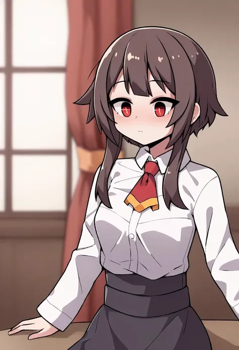 score_9, score_8_up, source_anime BREAK
megumin, kono_subarashii_sekai_ni_shukufuku_wo!, 1girl, red_eyes, brown_hair
, skirt, shirt, long sleeves, white shirt, pantyhose, frills, collared shirt, black skirt, black_pantyhose, ascot, high-waist_skirt, meme_attire, red ascot, centerfrills, solo, upper body
detailed_background,outdoors,highres,indoors,split screen,window,curtains,standing, fully clothed,
 <lora:ShrinkingConcept2:1>
