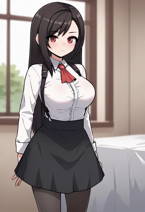 Young woman,long hair,cute,black hair,Pink eyes,shy,blushing,beautiful,big breasts,uniform ,skirt,in the living room,ยิ้ม,high quality:1.2, full hd, high performance:1.2, masterpiece:1.2, sfw, 4k,shadow:1.2,รายละเอียด:1.3,รายละเอียดดวงตา:1.3