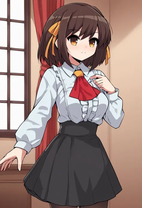 score_9, score_8_up, source_anime BREAK
suzumiya_haruhi, suzumiya_haruhi_no_yuuutsu, 1girl, brown_hair, brown_eyes
, skirt, shirt, long sleeves, white shirt, pantyhose, frills, collared shirt, black skirt, black_pantyhose, ascot, high-waist_skirt, meme_attire, red ascot, centerfrills, solo, upper body
detailed_background,outdoors,highres,indoors,split screen,window,curtains,standing, fully clothed,
<lora:ShrinkingConcept2-000016:1>