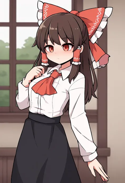score_9, score_8_up, source_anime BREAK
hakurei_reimu, touhou, 1girl, brown_hair, red_eyes
, skirt, shirt, long sleeves, white shirt, pantyhose, frills, collared shirt, black skirt, black_pantyhose, ascot, high-waist_skirt, meme_attire, red ascot, centerfrills, solo, upper body
detailed_background,outdoors,highres,indoors,split screen,window,curtains,standing, fully clothed,
 <lora:ShrinkingConcept2:1>