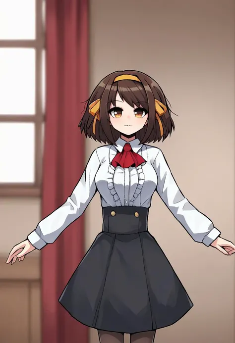 score_9, score_8_up, source_anime BREAK
suzumiya_haruhi, suzumiya_haruhi_no_yuuutsu, 1girl, brown_hair, brown_eyes
, skirt, shirt, long sleeves, white shirt, pantyhose, frills, collared shirt, black skirt, black_pantyhose, ascot, high-waist_skirt, meme_attire, red ascot, centerfrills, solo, upper body
detailed_background,outdoors,highres,indoors,split screen,window,curtains,standing, fully clothed,
<lora:ShrinkingConcept2:1>