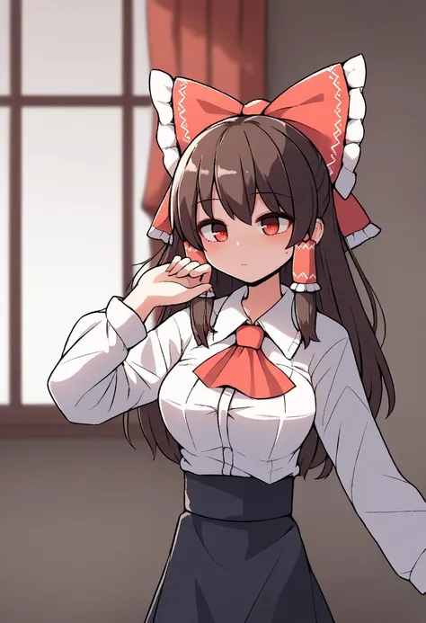 score_9, score_8_up, source_anime BREAK
hakurei_reimu, touhou, 1girl, brown_hair, red_eyes
, skirt, shirt, long sleeves, white shirt, pantyhose, frills, collared shirt, black skirt, black_pantyhose, ascot, high-waist_skirt, meme_attire, red ascot, centerfrills, solo, upper body
detailed_background,outdoors,highres,indoors,split screen,window,curtains,standing, fully clothed,
<lora:ShrinkingConcept2-000016:1>