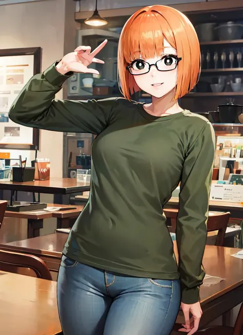 ((best quality)), ((highly detailed)), masterpiece, absurdres, (detailed eyes, deep eyes), (1girl), (glasses), dynamic pose, cowboy shot, very wide shot, <lora:yorumacv2-lora:1>, yoru mac, orange hair, short hair, bangs, blunt bangs, bob cut, (black eyes:1.5), (white pupils), medium breasts, smile, shirt, long sleeves, sweater, grey pants, (indoors, at a dining room)