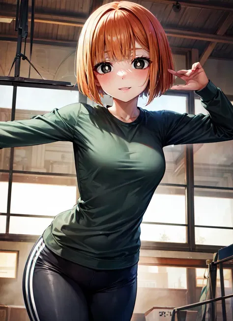 ((best quality)), ((highly detailed)), masterpiece, absurdres, (detailed eyes, deep eyes), <lora:more_details:.7>, (1girl), dynamic pose, cowboy shot, very wide shot, <lora:yorumacv2-lora:1>, yoru mac, orange hair, short hair, bangs, blunt bangs, bob cut, (black eyes:1.5), (white pupils), medium breasts, smile, shirt, long sleeves, sweater, grey pants, (inside, in a gym)