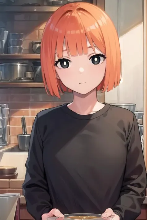 yorumac, <lora:yorumacv2-lora-nochekaiser:1>,
yoru mac, short hair, bangs, (black eyes:1.5), blunt bangs, orange hair, bob cut, smile, (bright pupils:1.5),
BREAK shirt, long sleeves, pants, sweater, grey pants,
BREAK looking at viewer, (cowboy shot:1.5),
BREAK indoors, restaurant,
BREAK <lyco:GoodHands-beta2:1>, (masterpiece:1.2), best quality, high resolution, unity 8k wallpaper, (illustration:0.8), (beautiful detailed eyes:1.6), extremely detailed face, perfect lighting, extremely detailed CG, (perfect hands, perfect anatomy),