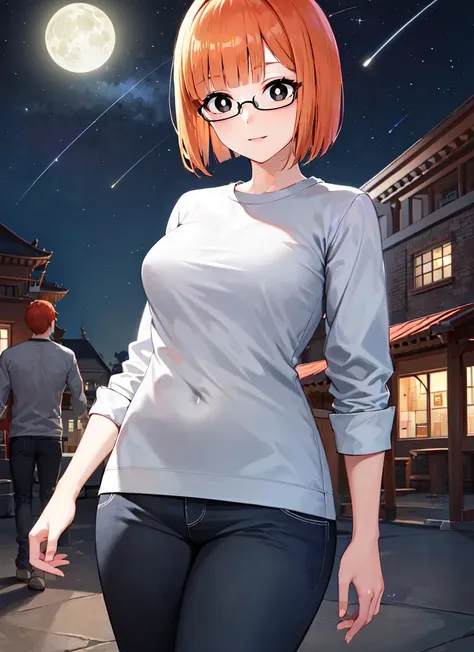 ((best quality)), ((highly detailed)), masterpiece, absurdres, (detailed eyes, deep eyes), (1girl), (glasses), cowboy shot, <lora:yorumacv2-lora:1>, yoru mac, orange hair, short hair, bangs, blunt bangs, bob cut, (black eyes:1.5), (white pupils), medium breasts, smile, shirt, long sleeves, sweater, grey pants, (outdoors, in a temple, night, night sky, stars, multiple moons, shooting star, telescope)