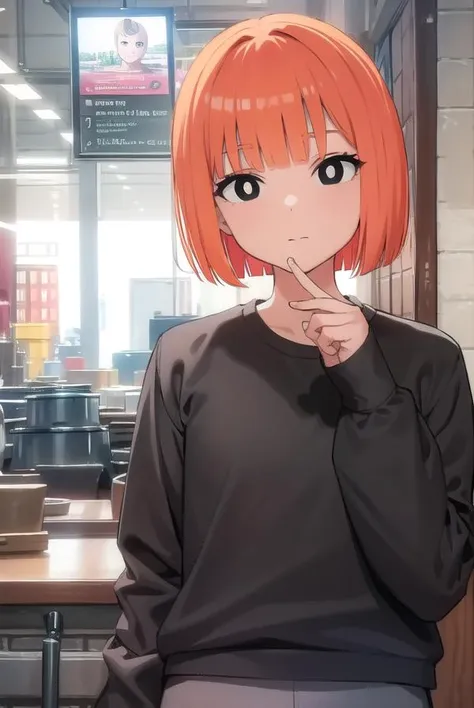 yorumac, <lora:yorumacv2-lora-nochekaiser:1>,
yoru mac, short hair, bangs, (black eyes:1.5), blunt bangs, orange hair, bob cut, smile, (bright pupils:1.5),
BREAK shirt, long sleeves, pants, sweater, grey pants,
BREAK looking at viewer, (cowboy shot:1.5),
BREAK indoors, restaurant,
BREAK <lyco:GoodHands-beta2:1>, (masterpiece:1.2), best quality, high resolution, unity 8k wallpaper, (illustration:0.8), (beautiful detailed eyes:1.6), extremely detailed face, perfect lighting, extremely detailed CG, (perfect hands, perfect anatomy),