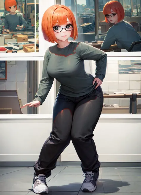 ((best quality)), ((highly detailed)), masterpiece, absurdres, (detailed eyes, deep eyes), (1girl), (glasses), dynamic pose, full body, <lora:hairdetailer:.9>, <lora:yorumacv2-lora:1>, yoru mac, orange hair, short hair, bangs, blunt bangs, bob cut, (black eyes:1.5), (white pupils), medium breasts, smile, shirt, long sleeves, sweater, grey pants, (inside, at a gymnasium)