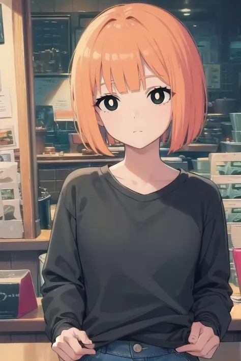 yorumac, <lora:yorumacv2-lora-nochekaiser:1>,
yoru mac, short hair, bangs, (black eyes:1.5), blunt bangs, orange hair, bob cut, smile, (bright pupils:1.5),
BREAK shirt, long sleeves, pants, sweater, grey pants,
BREAK looking at viewer, (cowboy shot:1.5),
BREAK indoors, restaurant,
BREAK <lyco:GoodHands-beta2:1>, (masterpiece:1.2), best quality, high resolution, unity 8k wallpaper, (illustration:0.8), (beautiful detailed eyes:1.6), extremely detailed face, perfect lighting, extremely detailed CG, (perfect hands, perfect anatomy),