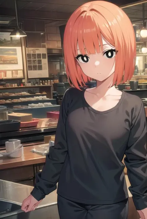 yorumac, <lora:yorumacv2-lora-nochekaiser:1>,
yoru mac, short hair, bangs, (black eyes:1.5), blunt bangs, orange hair, bob cut, smile, (bright pupils:1.5),
BREAK shirt, long sleeves, pants, sweater, grey pants,
BREAK looking at viewer, (cowboy shot:1.5),
BREAK indoors, restaurant,
BREAK <lyco:GoodHands-beta2:1>, (masterpiece:1.2), best quality, high resolution, unity 8k wallpaper, (illustration:0.8), (beautiful detailed eyes:1.6), extremely detailed face, perfect lighting, extremely detailed CG, (perfect hands, perfect anatomy),