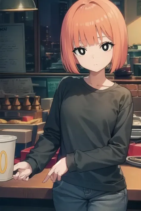 yorumac, <lora:yorumacv2-lora-nochekaiser:1>,
yoru mac, short hair, bangs, (black eyes:1.5), blunt bangs, orange hair, bob cut, smile, (bright pupils:1.5),
BREAK shirt, long sleeves, pants, sweater, grey pants,
BREAK looking at viewer, (cowboy shot:1.5),
BREAK indoors, restaurant,
BREAK <lyco:GoodHands-beta2:1>, (masterpiece:1.2), best quality, high resolution, unity 8k wallpaper, (illustration:0.8), (beautiful detailed eyes:1.6), extremely detailed face, perfect lighting, extremely detailed CG, (perfect hands, perfect anatomy),