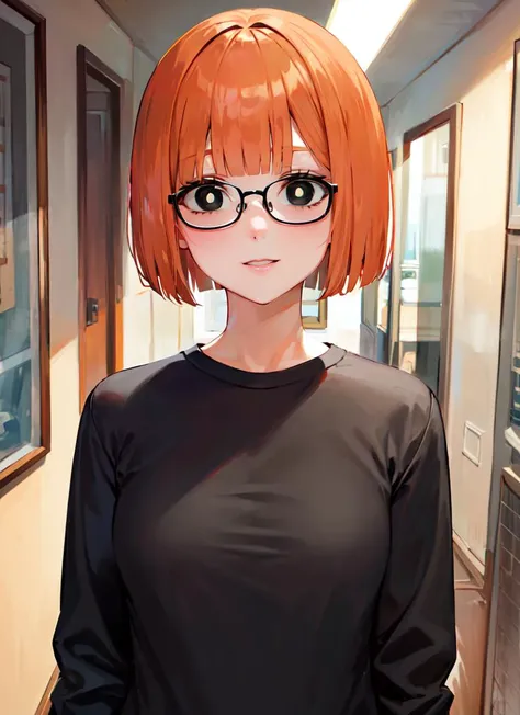 ((best quality)), ((highly detailed)), masterpiece, absurdres, extremely detailed face, beautiful face, (detailed eyes, deep eyes), (1girl), (glasses), upper body, <lora:yorumacv2-lora:1>, yoru mac, orange hair, short hair, bangs, blunt bangs, bob cut, (black eyes:1.5), (white pupils), medium breasts, smile, shirt, long sleeves, sweater, grey pants, (indoors, in a hallway)