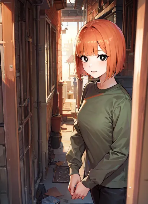 ((best quality)), ((highly detailed)), masterpiece, absurdres, detailed face, beautiful face, (detailed eyes, deep eyes), (1girl), full body, <lora:yorumacv2-lora:1>, yoru mac, orange hair, short hair, bangs, blunt bangs, bob cut, (black eyes:1.5), (white pupils), medium breasts, smile, shirt, long sleeves, sweater, grey pants, (outside, <lora:alley-wasabi:1>, alley, wood wall, lamp, dawn, sunrise)