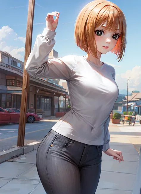 ((best quality)), ((highly detailed)), masterpiece, absurdres, extremely detailed face, beautiful face, (detailed eyes, deep eyes), (1girl), dynamic pose, cowboy shot, wide shot, <lora:hairdetailer:1>, <lora:yorumacv2-lora:1>, yoru mac, orange hair, short hair, bangs, blunt bangs, bob cut, (black eyes:1.5), (white pupils), medium breasts, smile, shirt, long sleeves, sweater, grey pants, (outdoors, in a resort, afternoon)