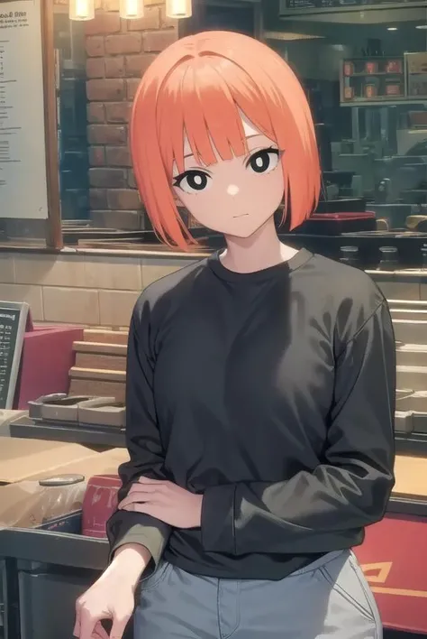 yorumac, <lora:yorumacv2-lora-nochekaiser:1>,
yoru mac, short hair, bangs, (black eyes:1.5), blunt bangs, orange hair, bob cut, smile, (bright pupils:1.5),
BREAK shirt, long sleeves, pants, sweater, grey pants,
BREAK looking at viewer, (cowboy shot:1.5),
BREAK indoors, restaurant,
BREAK <lyco:GoodHands-beta2:1>, (masterpiece:1.2), best quality, high resolution, unity 8k wallpaper, (illustration:0.8), (beautiful detailed eyes:1.6), extremely detailed face, perfect lighting, extremely detailed CG, (perfect hands, perfect anatomy),