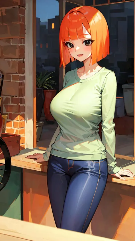 <lora:yorumac-lora-nochekaiser:0.8> yoru mac, short hair, bangs, black eyes, blunt bangs, orange hair, bob cut, shirt, long sleeves, pants, sweater, big breasts, smile