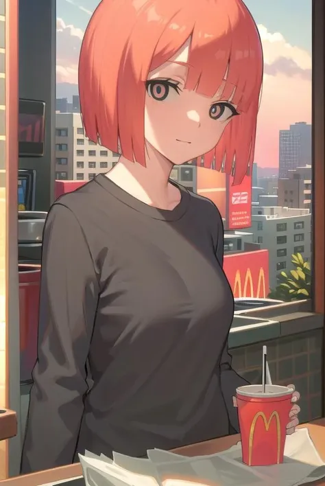 yorumac, <lora:yorumac-lora-nochekaiser:1>,
yoru mac, short hair, bangs, (black eyes:1.5), blunt bangs, orange hair, bob cut, smile,
BREAK shirt, long sleeves, pants, sweater, grey pants,
BREAK looking at viewer, full body,
BREAK indoors, restaurant, mcdonalds,
BREAK <lyco:GoodHands-beta2:1>, (masterpiece:1.2), best quality, high resolution, unity 8k wallpaper, (illustration:0.8), (beautiful detailed eyes:1.6), extremely detailed face, perfect lighting, extremely detailed CG, (perfect hands, perfect anatomy),