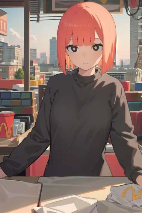 yorumac, <lora:yorumac-lora-nochekaiser:1>,
yoru mac, short hair, bangs, (black eyes:1.5), blunt bangs, orange hair, bob cut, smile,
BREAK shirt, long sleeves, pants, sweater, grey pants,
BREAK looking at viewer, full body,
BREAK indoors, restaurant, mcdonalds,
BREAK <lyco:GoodHands-beta2:1>, (masterpiece:1.2), best quality, high resolution, unity 8k wallpaper, (illustration:0.8), (beautiful detailed eyes:1.6), extremely detailed face, perfect lighting, extremely detailed CG, (perfect hands, perfect anatomy),