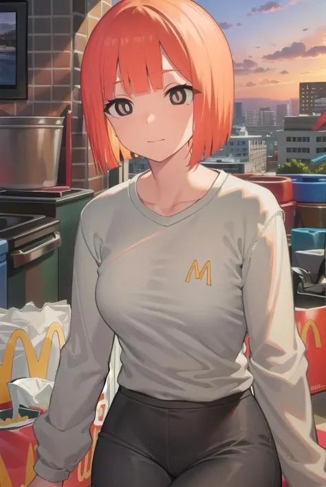 yorumac, <lora:yorumac-lora-nochekaiser:1>,
yoru mac, short hair, bangs, (black eyes:1.5), blunt bangs, orange hair, bob cut, smile,
BREAK shirt, long sleeves, pants, sweater, grey pants,
BREAK looking at viewer, full body,
BREAK indoors, restaurant, mcdonalds,
BREAK <lyco:GoodHands-beta2:1>, (masterpiece:1.2), best quality, high resolution, unity 8k wallpaper, (illustration:0.8), (beautiful detailed eyes:1.6), extremely detailed face, perfect lighting, extremely detailed CG, (perfect hands, perfect anatomy),