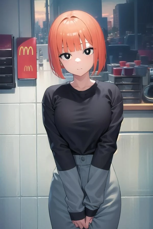 yorumac, <lora:yorumacv2-lora-nochekaiser:1>,
yoru mac, short hair, bangs, (black eyes:1.5), blunt bangs, orange hair, bob cut, smile, bright pupils,
BREAK shirt, long sleeves, pants, sweater, grey pants,
BREAK looking at viewer, full body,
BREAK indoors, restaurant, mcdonalds,
BREAK <lyco:GoodHands-beta2:1>, (masterpiece:1.2), best quality, high resolution, unity 8k wallpaper, (illustration:0.8), (beautiful detailed eyes:1.6), extremely detailed face, perfect lighting, extremely detailed CG, (perfect hands, perfect anatomy),