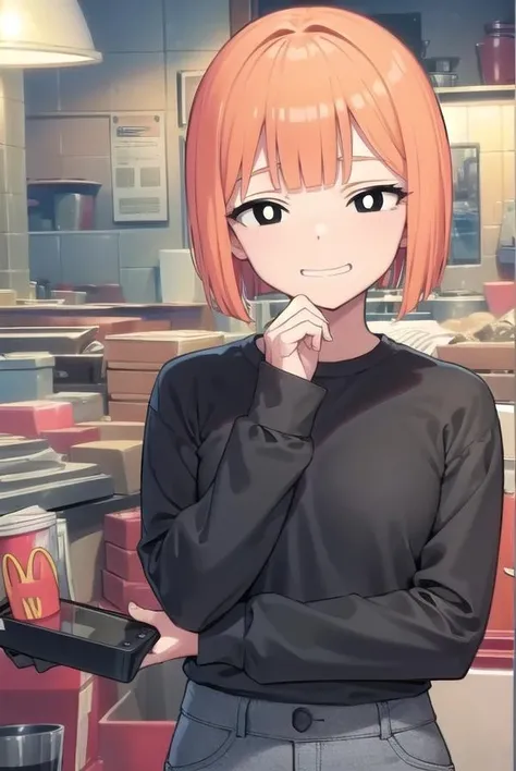 yorumac, <lora:yorumacv2-lora-nochekaiser:1>,
yoru mac, short hair, bangs, (black eyes:1.5), blunt bangs, orange hair, bob cut, smile, (bright pupils:1.5), <lora:sensualface_type2:1>, smile, <lora:smirkingmouth_v100:1>, open mouth,
BREAK shirt, long sleeves, pants, sweater, grey pants,
BREAK looking at viewer, (cowboy shot:1.5),
BREAK indoors, restaurant,
BREAK <lyco:GoodHands-beta2:1>, (masterpiece:1.2), best quality, high resolution, unity 8k wallpaper, (illustration:0.8), (beautiful detailed eyes:1.6), extremely detailed face, perfect lighting, extremely detailed CG, (perfect hands, perfect anatomy),
