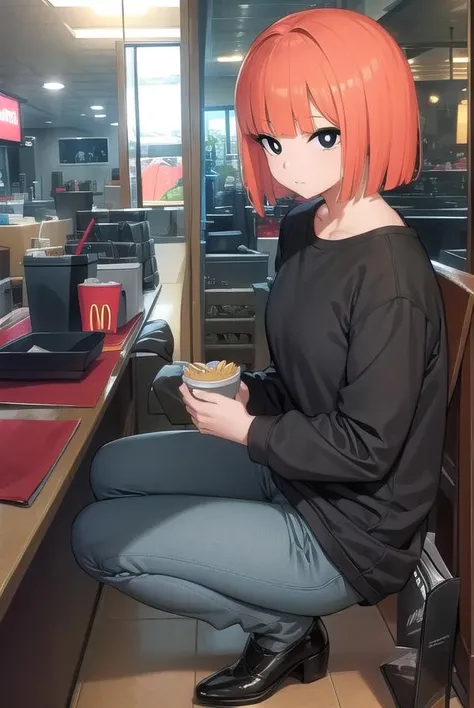 yorumac, <lora:yorumacv2-lora-nochekaiser:1>,
yoru mac, short hair, bangs, (black eyes:1.5), blunt bangs, orange hair, bob cut, smile, bright pupils,
BREAK shirt, long sleeves, pants, sweater, grey pants,
BREAK looking at viewer, full body,
BREAK indoors, restaurant, mcdonalds,
BREAK <lyco:GoodHands-beta2:1>, (masterpiece:1.2), best quality, high resolution, unity 8k wallpaper, (illustration:0.8), (beautiful detailed eyes:1.6), extremely detailed face, perfect lighting, extremely detailed CG, (perfect hands, perfect anatomy),