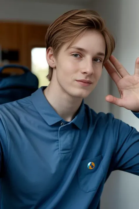 young man, <lora:L0u1sHfmn:1>, looking at viewer, blue shirt, peace sign