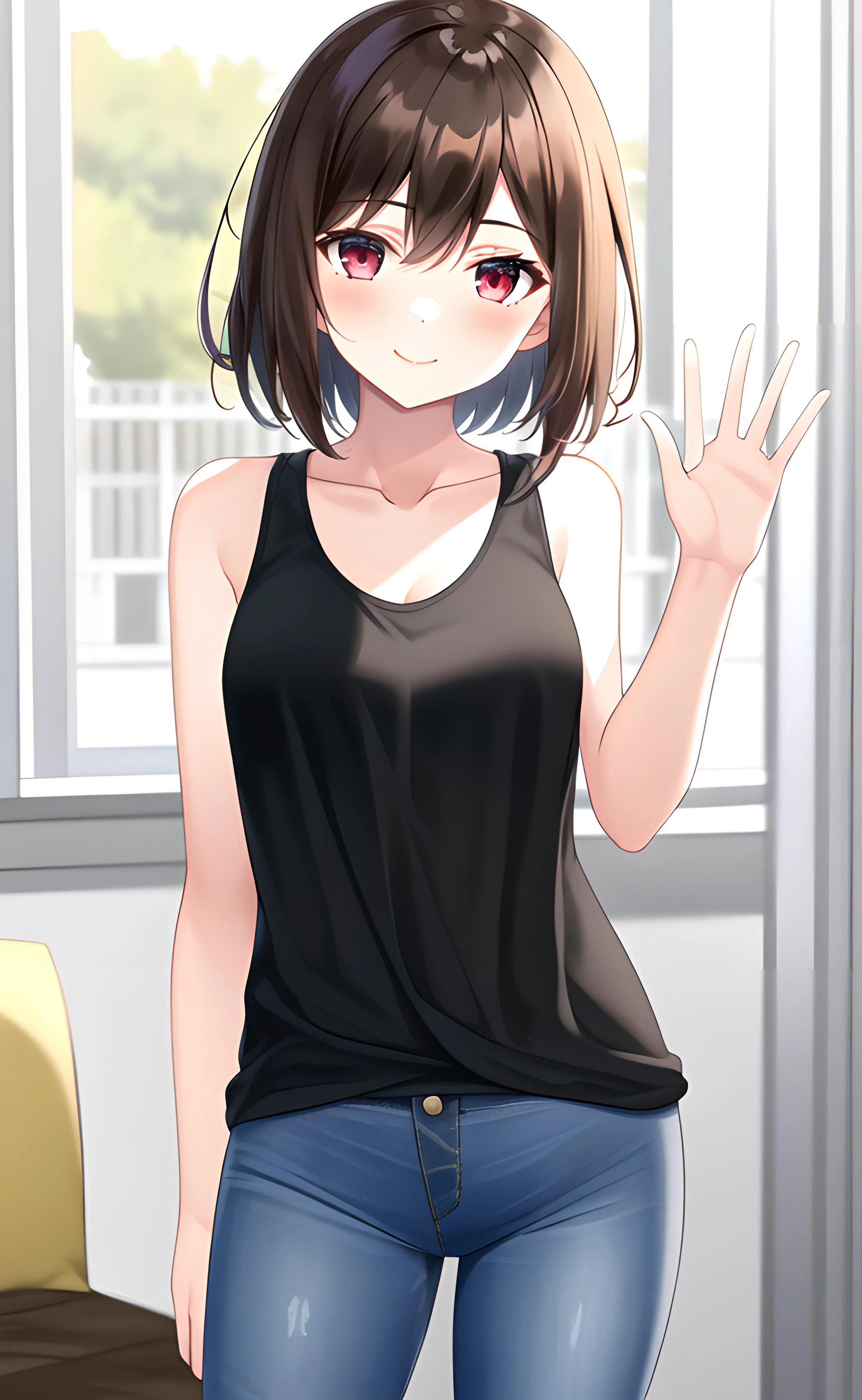 1girl, cowboy shot, standing, short hair, brown hair, red eyes, black tank top, jeans, collarbone, bare shoulders, bare arms, closed mouth, smile, waving, indoors, window