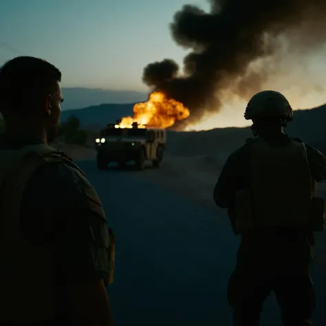 cinematic film still of  <lora:Modern Warfare style:1>
a pov point of view of a man standing in the street in front of a fire and silhouette military men at night in the dark modern warfare style,weapon,multiple boys,from behind,fire,ground vehicle,motor vehicle,car, shallow depth of field, vignette, highly detailed, high budget, bokeh, cinemascope, moody, epic, gorgeous, film grain, grainy