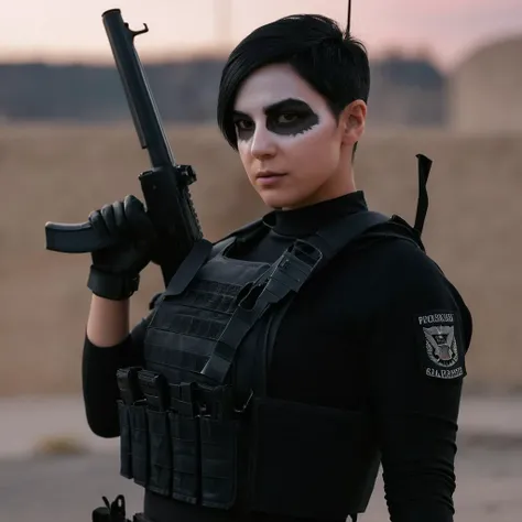 cinematic film still of <lora:Modern Warfare style:1>
Rozlin "Roze" Helms a woman in a black uniform and military face paint holding a military rifle assault gun modern warfare style,1girl,solo,short hair,black hair,gloves,holding,upper body,weapon,holding weapon,lips,gun,military,gradient background,holding gun,rifle,handgun,headset,realistic,assault rifle,trigger discipline,bulletproof vest, shallow depth of field, vignette, highly detailed, high budget, bokeh, cinemascope, moody, epic, gorgeous, film grain, grainy