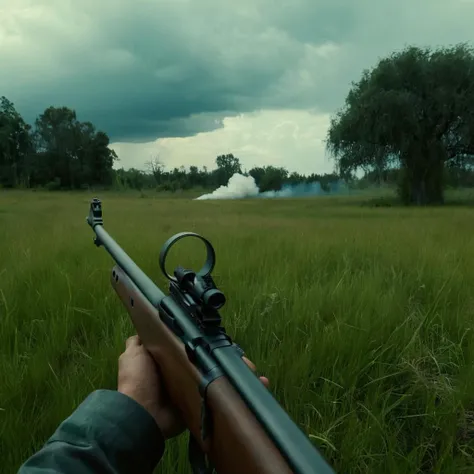 cinematic film still of  <lora:Modern Warfare style:1>
POV point of view a man holding a long-barreled rifle in a field modern warfare style,outdoors,sky,day,cloud,tree,no humans,cloudy sky,ground vehicle,scenery,motor vehicle,ruins,tank,power lines, shallow depth of field, vignette, highly detailed, high budget, bokeh, cinemascope, moody, epic, gorgeous, film grain, grainy