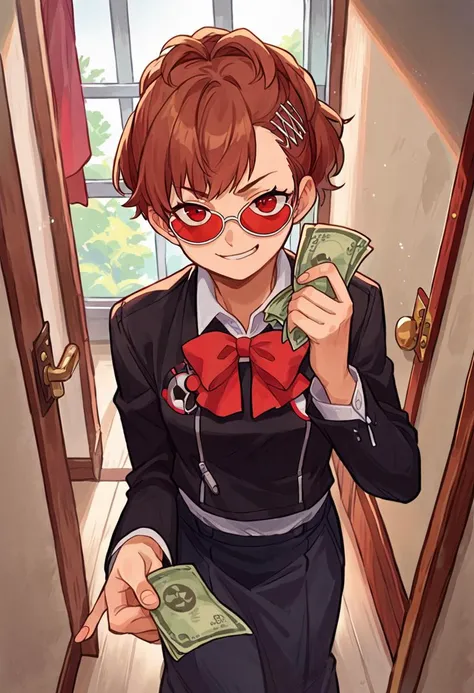 score_9, score_8_up, score_7_up, source_anime, 1girl, looking at viewer, smug, smirk, <lora:persona3_shiomi_ponyXL:1> shiomi kotone, hairclip, sunglasses, black jacket, red bow, holding money and polaroid, hallway, sliding door, classroom window