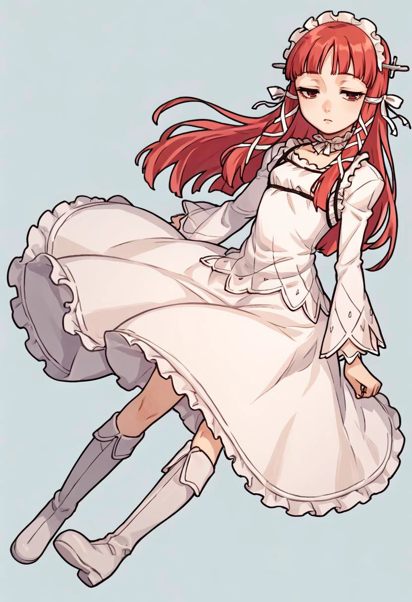 score_9, score_8_up, score_7_up, source_anime, full body, 1girl, looking at viewer, half-closed eyes, <lora:persona3_yoshino_ponyXL:shino chidori, hair ribbon, hairband, frills, white dress, ribbon, frilled choker, boots, blue background