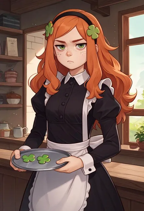 score_9, score_8_up, score_7_up, source_anime, 1girl, vivianjames, freckles, unamused, looking at viewer, holding tray, four-leaf clover hair ornament, hairband, maid, black dress, white apron, puffy sleeves, long sleeves, indoors <lora:4chan_vivianjames_ponyXL:1>