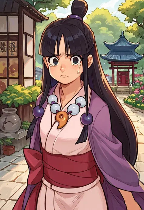 score_9, score_8_up, score_7_up, source_anime, 1girl, sitting, bored, crossed arms, <lora:aa_mayafey_ponyXL:1> maya fey, half updo, hair ornament, japanese clothes, kimono, sash, necklace, magatama, prison cell